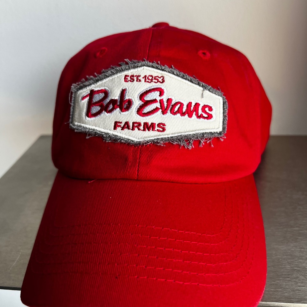 Bob Evans Farms Red Baseball Cap Hat Est 1953 Logo Distressed Patch Adjustable